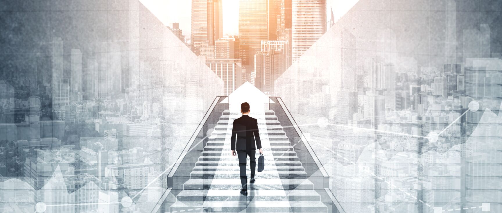 An executive climbing a staircase towards a city skyline