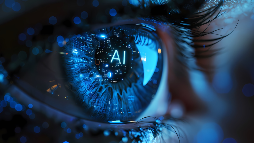 Primer plano de un ojo humano con reflejos digitales y el texto "AI" en el iris, representando la inteligencia artificial y su impacto en la tecnolog&iacute;a y el trabajo.