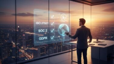 CEO looking at a digital business dashboard projected on an office window, representing strategic executive hiring and regulatory change.