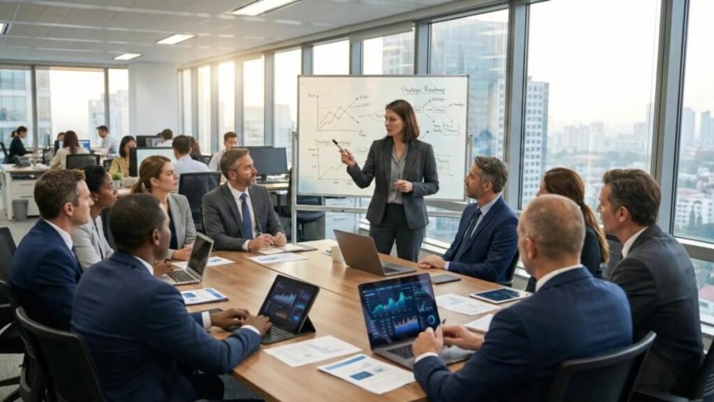 Es descriptivo, natural y contiene palabras clave relevantes como executive team, strategic y leadership planning.